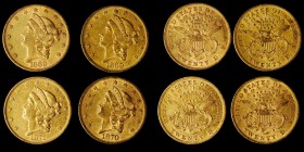 Lot of (4) Mixed Date Liberty Head Double Eagles. About Uncirculated (Uncertified).

Included are: (2) 1869; 1870; and 1871.

Estimate: $7200