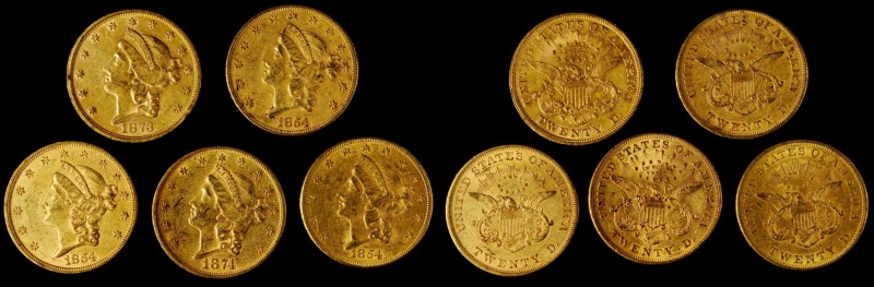 Lot of (5) Mixed Date Liberty Head Double Eagles. About Uncirculated (Uncertifie...