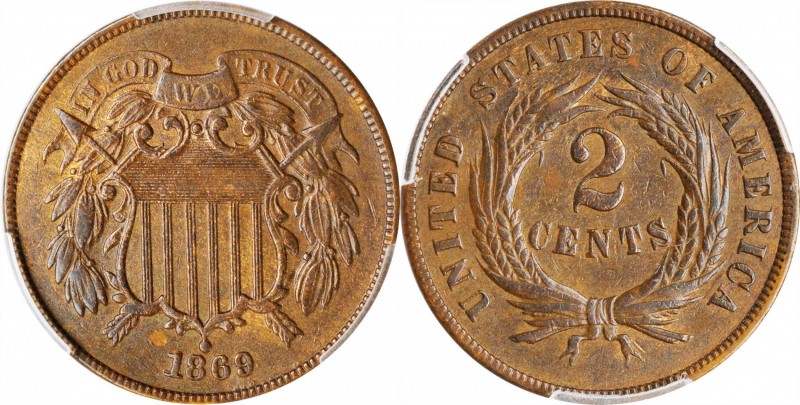 1869 Two-Cent Piece. AU-53 (PCGS).

PCGS# 3603. NGC ID: 22ND.

Estimate: $10...