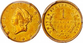 1849 Gold Dollar. Open Wreath. AU-55 (PCGS).

PCGS# 7502. NGC ID: 25B9.

Estimate: $275