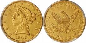 1843 Liberty Head Half Eagle. AU-55 (PCGS).

PCGS# 8213. NGC ID: 25T2.

Estimate: $500