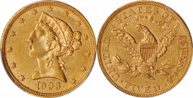 1908 Liberty Head Half Eagle. AU-58 (PCGS).

PCGS# 8418. NGC ID: 25ZE.

Estimate: $300