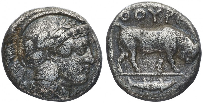(443-410 a.C.). Italia. Turium. Didracma. (S. 435) (CNG. I, 1258). 7,65 g. Golpe...