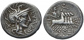 (hacia 116-115 a.C.). Gens Curtia. Denario. (Bab. 2) (Craw. 285/2). 3,59 g. MBC/MBC-.