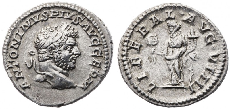 (214 d.C.). Caracalla. Denario. (Spink 6814) (S. 139) (RIC. 302). 3,45 g. EBC-.