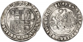 Reyes Católicos. Toledo. 1 real. (AC. 465). 3,39 g. Hoja de perejil como inicio de leyenda. Dos roeles entre el escudo y la corona. Sin la palabra ET ...