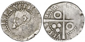 1595. Felipe II. Barcelona. 1/2 croat. (AC. 110) (Badia falta) (Cru.C.G. 4247 falta var). 1,55 g. Acuñación floja en parte. Rara. (MBC-).