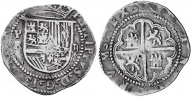 s/d (1574-1576). Felipe II. Potosí. R (Alonso Rincón). 2 reales. (AC. 364). 6,61 g. Rara. MBC.
