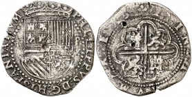 s/d. Felipe II. Lima. X (Xinés Martínez). 4 reales. (AC. 497). 11,74 g. Tres intentos de perforación. Rarísima. (MBC-).