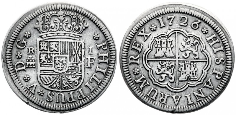 1726. Felipe V. Segovia. F. 1 real. (AC. 624). 2,52 g. Golpecitos. MBC.