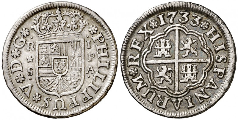 1733. Felipe V. Sevilla. PA. 1 real. (AC. 657). 3 g. Buen ejemplar. MBC+.