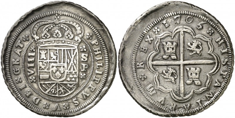 * 1705. Felipe V. Sevilla. P. 8 reales. (AC. 1606). 24,25 g. Restaurada. Pátina ...