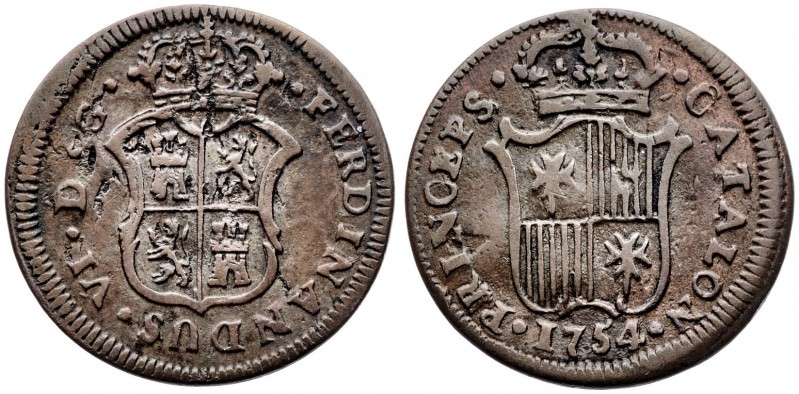 1754. Fernando VI. Barcelona. 1 ardit. (AC. 1). 2,52 g. Hojitas. MBC.