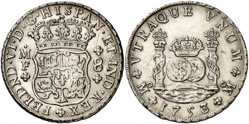 * 1753. Fernando VI. México. MF. 8 reales. (AC. 479). 26,74 g. Columnario. Leves...