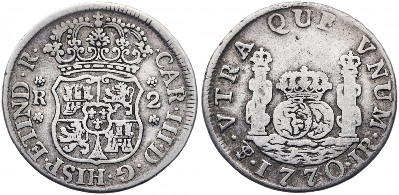 1770. Carlos III. Potosí. JR. 2 reales. (AC. 711). 6,22 g. Columnario. Escasa. M...