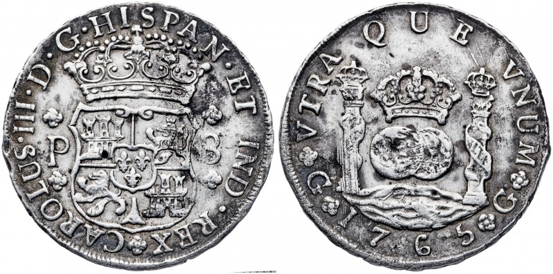 1765. Carlos III. Guatemala. P. 8 reales. (AC. 997). 26,64 g. Columnario. Leves ...