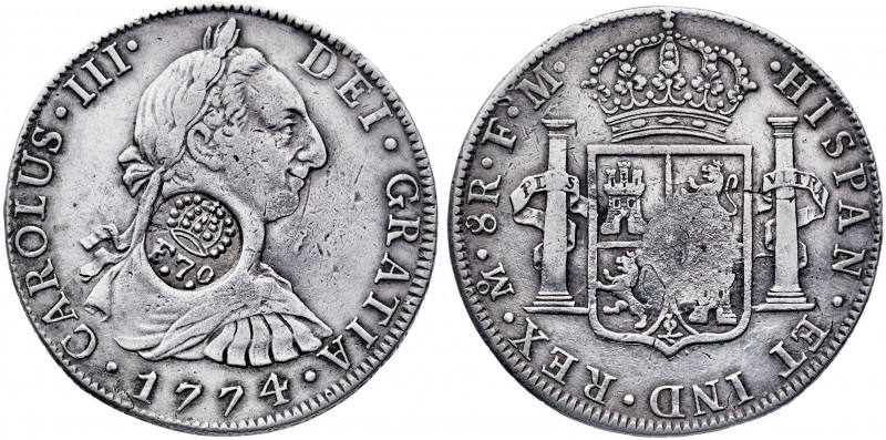 1774. Carlos III. México. FM. 8 reales. 26,79 g. Resello F.7º bajo corona (falso...