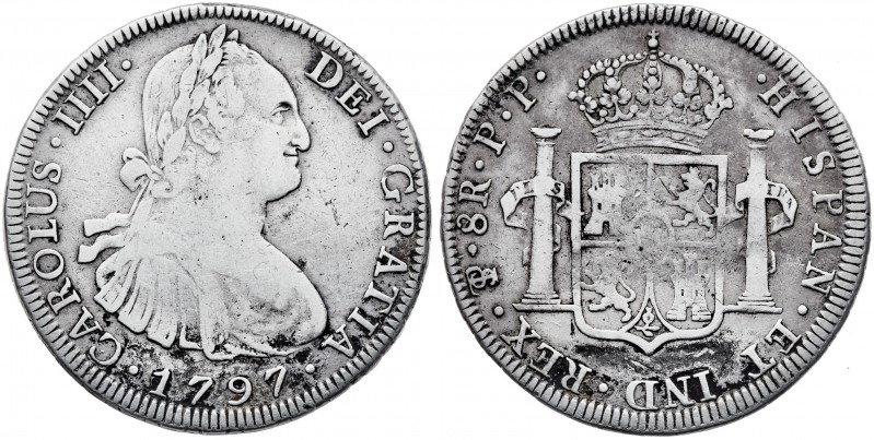 1797. Carlos IV. Potosí. PP. 8 reales. (AC. 1001). 26,75 g. Flan grande. MBC-.