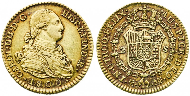 1800. Carlos IV. Madrid. MF. 2 escudos. (AC. 1297). 6,74 g. Pátina. EBC-.