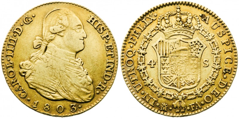 1803. Carlos IV. Madrid. FA. 4 escudos. (AC. 1482). 13,39 g. Golpecitos. Bonito ...