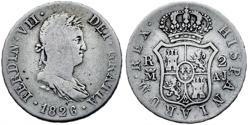 1826. Fernando VII. Madrid. AJ. 2 reales. (AC. 842). 5,82 g. Rayitas. BC+/MBC-.