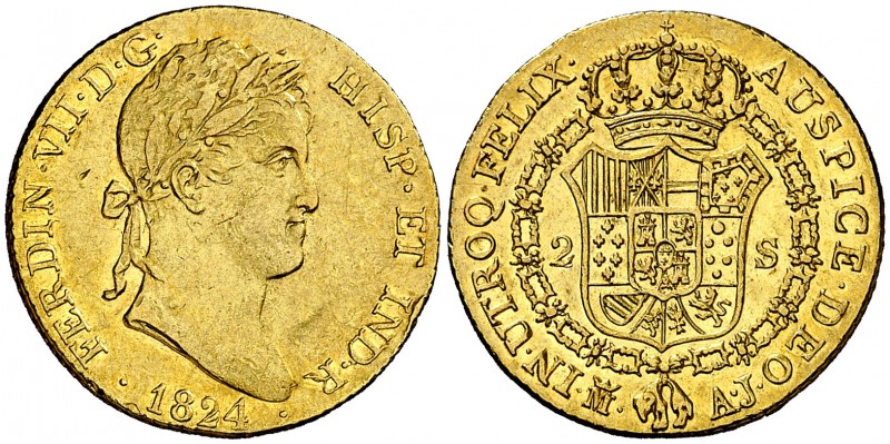 1824. Fernando VII. Madrid. AJ. 2 escudos. (AC. 1630) 6,80 g. Golpecitos. Parte ...