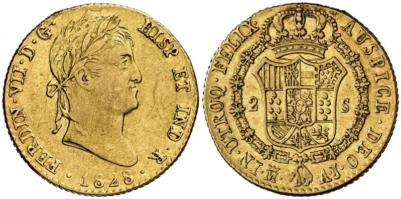 1828. Fernando VII. Madrid. AJ. 2 escudos. (AC. 1635). 6,69 g. Rayitas. Ex Áureo...