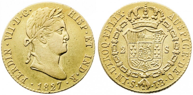 1827. Fernando VII. Sevilla. JB. 2 escudos. (AC. 1685) 6,69 g. MBC/MBC+.