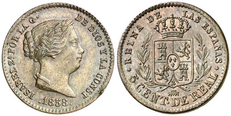 1858. Isabel II. Segovia. 5 céntimos de real. (AC. 163). 1,94 g. Bella. Ex Colec...