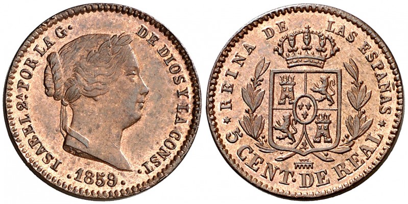 1859. Isabel II. Segovia. 5 céntimos de real. (AC. 164). 2,04 g. Bella. Brillo o...