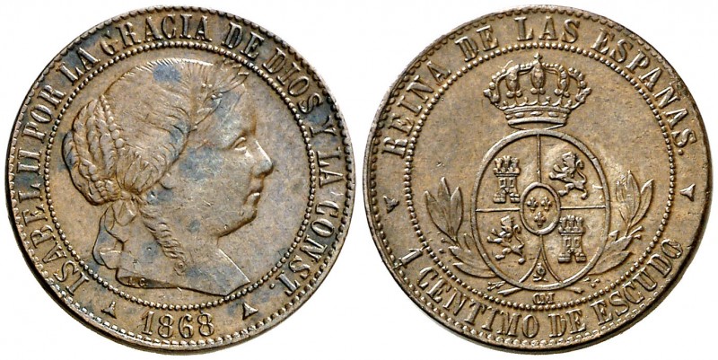 1868. Isabel II. Segovia. OM. 1 céntimo de escudo. (AC. 227). 2,45 g. MBC/MBC+.