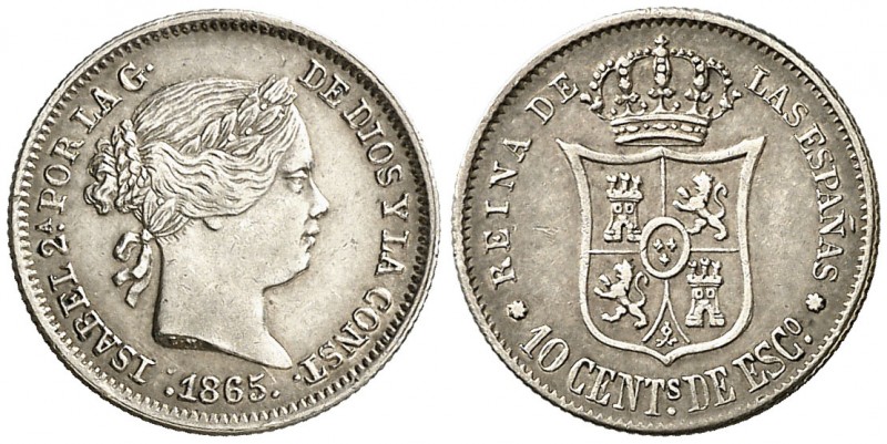 1865. Isabel II. Sevilla. 10 céntimos de escudo. (AC. 342). 1,31 g. Atractiva. E...