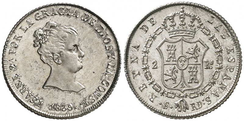 1839. Isabel II. Sevilla. RD. 2 reales. (AC. 381). 2,97 g. Bellísima. Brillo ori...