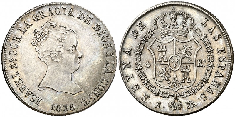 1838. Isabel II. Sevilla. DR. 4 reales. (AC. 474). 5,92 g. Muy bella. Brillo ori...