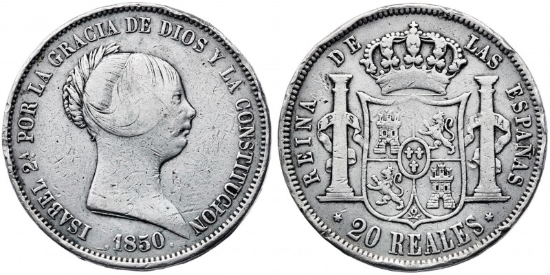 1850. Isabel II. Madrid. 20 reales. (AC. 592). 25,81 g. Golpes en canto. (MBC-).