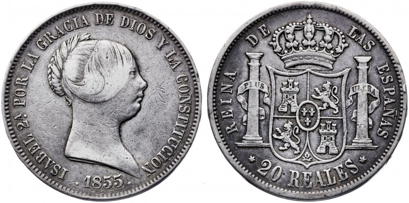 1855. Isabel II. Madrid. 20 reales. (AC. 597). 25,71 g. Golpecito. MBC-.