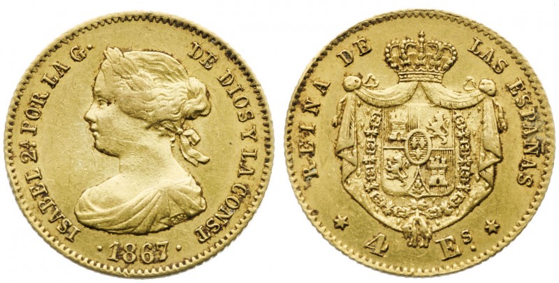 1867. Isabel II. Madrid. 4 escudos. (AC. 691). 3,35 g. Golpecitos. MBC+.