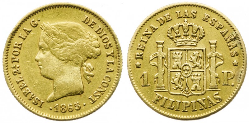 1865. Isabel II. Manila. 1 peso. (AC. 829). 1,64 g. Soldadura en reverso. (MBC).