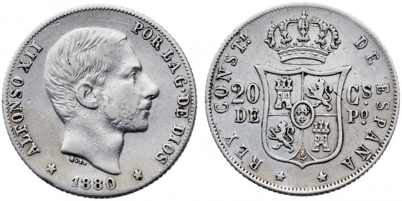 1880. Alfonso XII. Manila. 20 centavos. (AC. 103). 5,09 g. Rara. MBC.