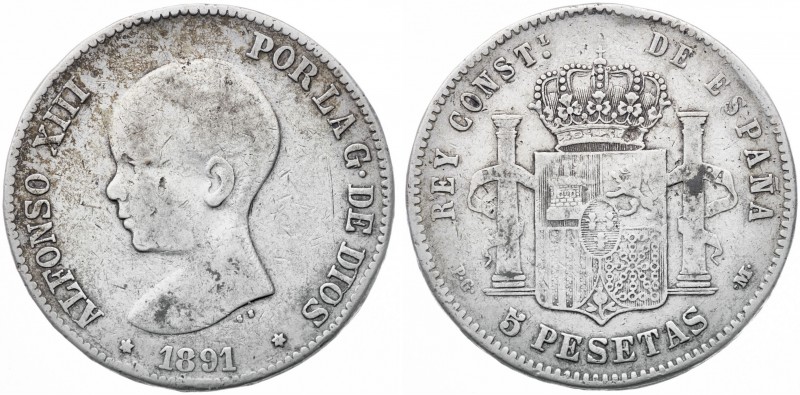 1891*----. Alfonso XIII. PGM. 5 pesetas. (Barrera falta). 24,76 g. Falsa de époc...