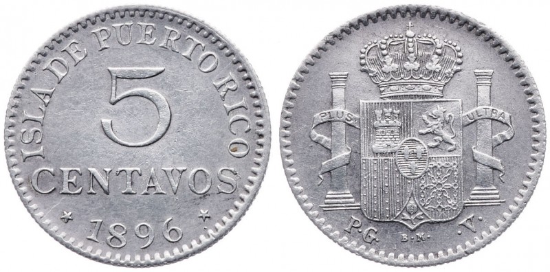 1896. Alfonso XIII. Puerto Rico. PGV. 5 centavos. (AC. 124). 1,27 g. MBC+.