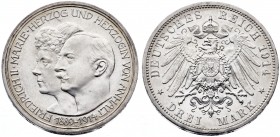 1914. Alemania. Anhalt-Dessau. Federico II y María de Baden. A (Berlín). 3 marcos. (Kr. 30). 16,65 g. Bodas de Plata. Rara. Proof.