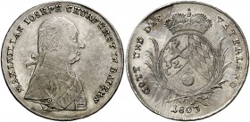 1803. Alemania. Baviera. Maximiliano IV José. 1 taler. (Kr. 325) (Dav. 545). 27,93 g. AG. Con CD bajo el busto. Bella. Brillo original. Rara. EBC.