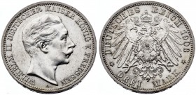 1908. Alemania. Prusia. Guillermo II. Berlín. 3 marcos. (Kr. 527). 16,68 g. AG. EBC.