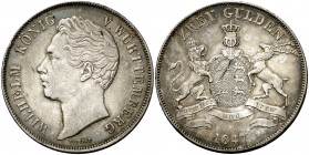 1847. Alemania. Württemberg. Guillermo I. 2 gulden. (Kr. 595). 21,20 g. AG. Mínimos golpecitos. Bella. Pátina. Rara. EBC.