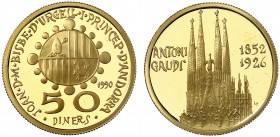 1990. Andorra. 50 diners. (Fr. 9) (Kr. 64). 16,97 g. AU. Antoni Gaudí. En estuche oficial, con certificado. Proof.
