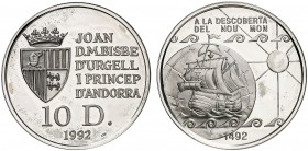 1992. Andorra. 10 diners. (Kr. 78). 31,10 g. AG. Descubrimiento del Nuevo Mundo. En estuche oficial, con certificado. Proof.