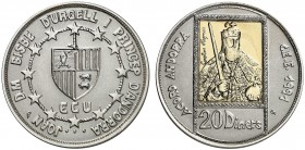 1991. Andorra. 20 diners. (Kr. 72). 26,39 g. Bimetálica. Acuerdo Andorra - CEE. En estuche oficial, con certificado. S/C.