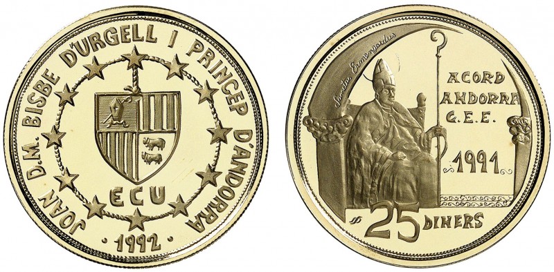 1992. Andorra. 25 diners. (Fr. 16) (Kr. 73). 7,73 g. AU bajo. Acuerdo Andorra - ...