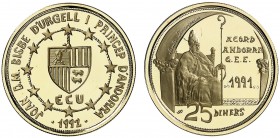 1992. Andorra. 25 diners. (Fr. 16) (Kr. 73). 7,73 g. AU bajo. Acuerdo Andorra - CEE. En estuche oficial, con certificado. Proof.